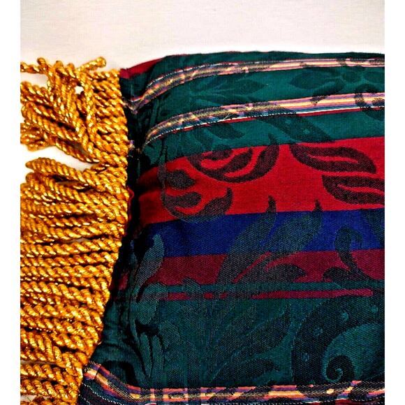 Vintage Rectangle Tapestry Pillow Heavy Gold Fringed Edge Scrolls and Stripes - Picture 8 of 8